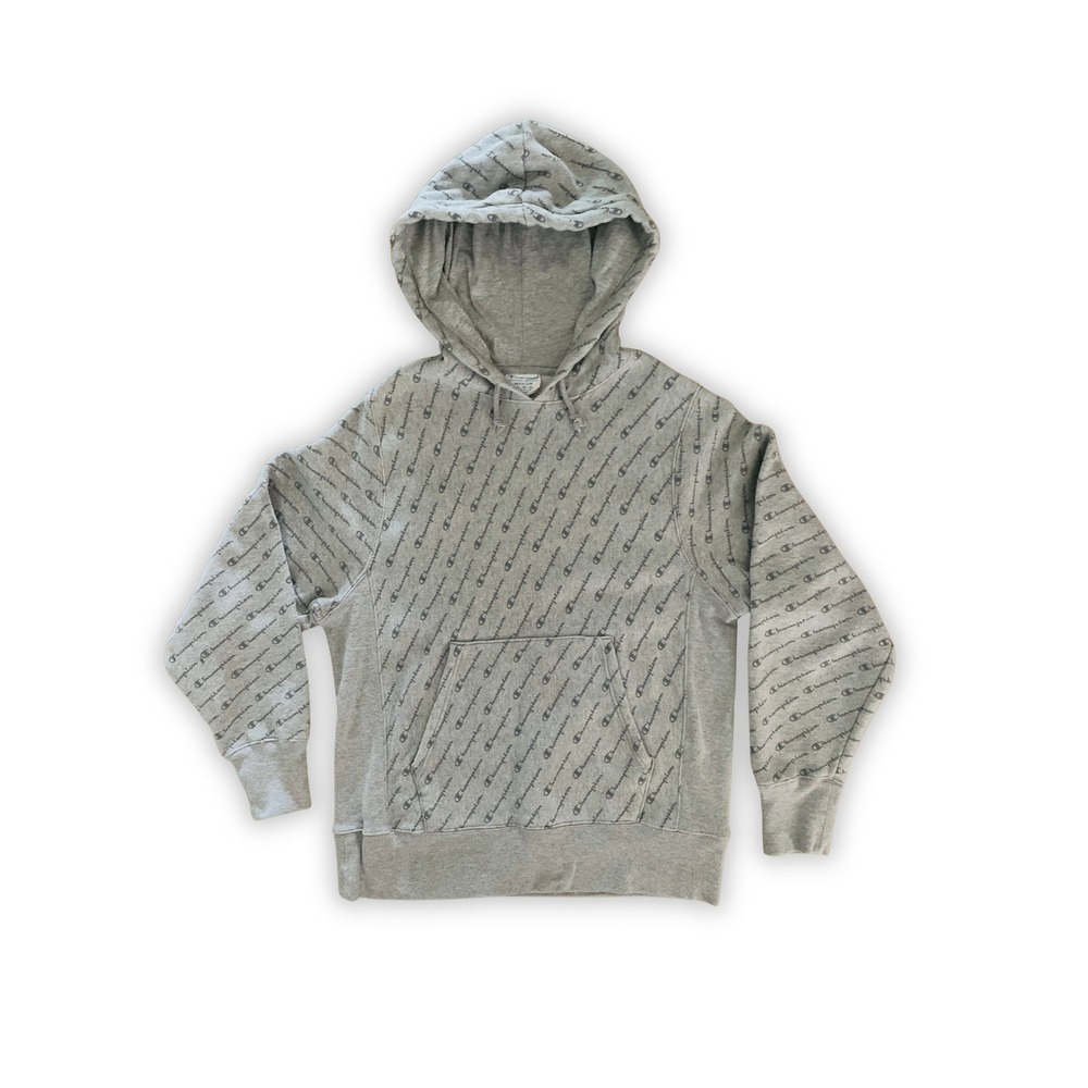 Champion Reverse Weave Hoodie Mens Medium Gray All Over Script Logo Print